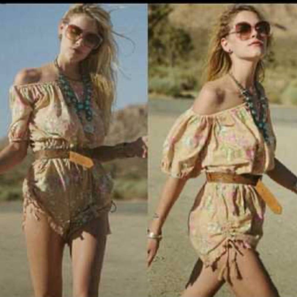 💥SOLD💥Spell Sundance off the shoulder playsuit Peach and Green Floral